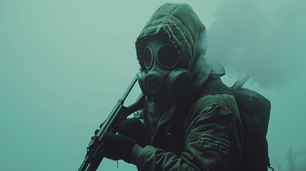 Post-Apocalyptic Survivor with Rifle in Hazy Landscape