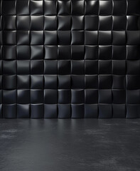 Dark, padded wall with a unique, cushioned design, aesthetic and tactile texture, 3D Black wall background vantablack wall, black studio background