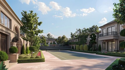 Fototapeta premium A luxury estate entrance with a private tennis court and a landscaped courtyard