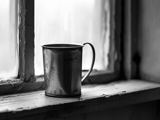 Vintage Mug on Windowsill in Black and White