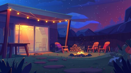 A night in the backyard, with garden furniture, a bbq grill and pile of firewood on the ground, and lights in the sky, showing a house patio with glass doors, wooden table and chairs, and a starry