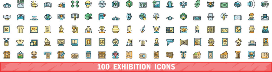 100 exhibition icons set. Color line set of exhibition vector icons thin line color flat on white