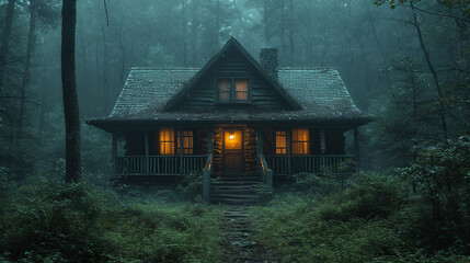 Cozy cabin with lights on, nestled in a misty, dense forest, suspenseful scene in a remote cabin in the woods, solitary cottage in the woods house in forest