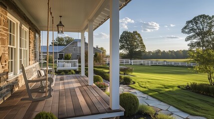 A luxury farmhouse entrance with a wraparound porch and a vintage swing
