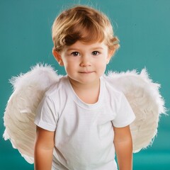 enfant avec des ailes d'anges sur fond bleu en ia
