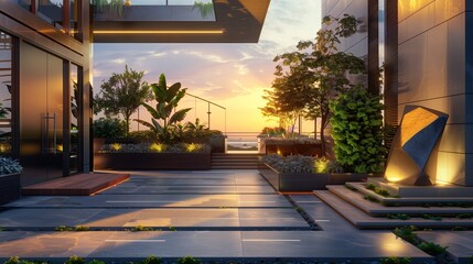 A luxury home entrance with a rooftop garden and a modern sculpture