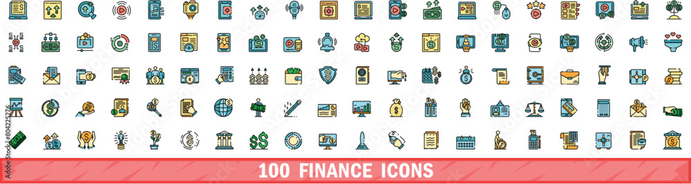 Poster 100 finance icons set. color line set of finance vector icons thin line color flat on white - Posters