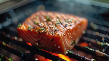 Tuna steaks with sesame seeds grilled over open flame.