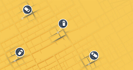Abstract pins, icons on the city map. Transportation delivery, map location. Background road map with distance data. Vector illustration transport logistics, tourism navigation. Vector illustration