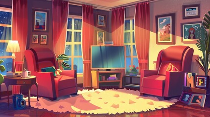 The morning living room in a modern house. Cartoon illustration of a living room with red armchairs and fluffy carpet on the floor, curtains on the windows, books on the table and pictures on the