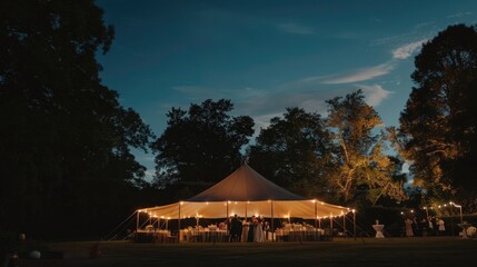 Outdoor wedding reception at twilight with illuminated tent and guests