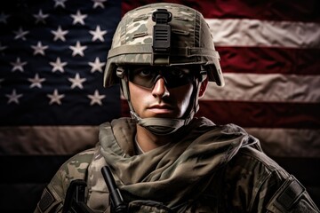 American Soldier in Uniform with US Flag Backdrop