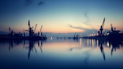 Fototapeta na wymiar A serene twilight scene at a port, where the silhouettes of ships and cranes are reflected in the calm waters under the soft glow of the moon and stars