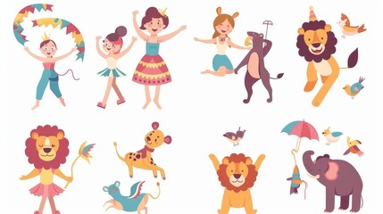 Animated circus illustration with circus acrobats, lions, and bears. Girl character amusement entertainment with exotic safari performers. Festival entertainment.