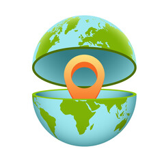 Pin inside cartoon planet. Globe with the continents. Orange color marker, is positioned in center of globe. World traveling or GPS navigation concept. Vector illustration