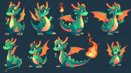 Game design fantasy dragon with wings, horns and tail. Cute cartoon fairy green reptile breathing fire and smoke. Modern illustration set of mythical magic creature.