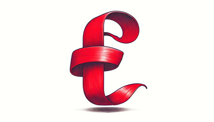 A wide aspect ratio image of a hand-drawn illustration featuring a red ribbon shaped like the letter 'F' on a plain white background. 