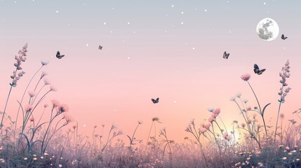 Dreamy pastel twilight with moonlit wildflowers and fluttering butterflies, a serene and enchanting natural landscape ideal for calming and peaceful themes