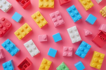 Colorful plastic building blocks on a pink background.