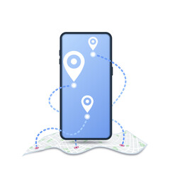 Location with GPS map. Smartphone with pins marker on paper map of city with parks, roads and small pins of another goals. Vector illustration on white background