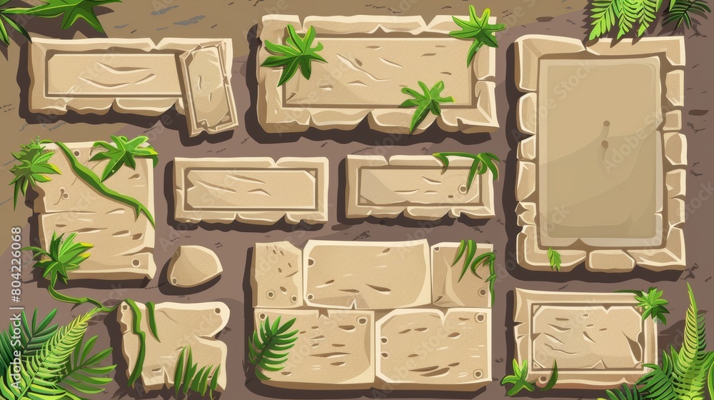 Poster game ui design elements with jungle vines and leaves - cartoon game buttons, score level bar, menu s