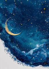 Enchanting Starry Night Sky with Crescent Moon and Shooting Stars,