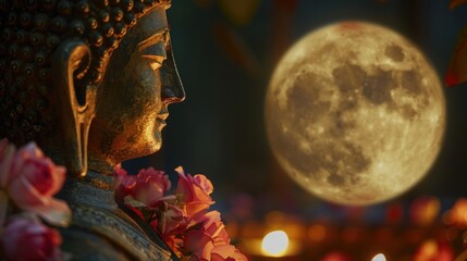 Buddha statue adorned with flowers under a full moon.