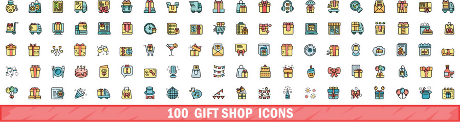 100 gift shop icons set. Color line set of gift shop vector icons thin line color flat on white
