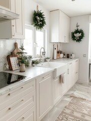 Festively decorated kitchen with Christmas wreaths and natural greenery.