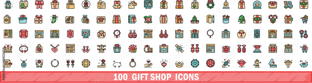 Wall mural 100 gift shop icons set. color line set of gift shop vector icons thin line color flat on white