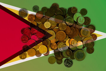 Guyana economic situation, economy and finance concept, financial values with coins, Guyana flag 