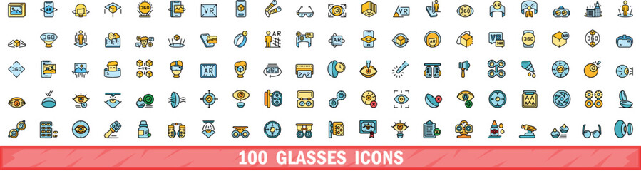 100 glasses icons set. Color line set of glasses vector icons thin line color flat on white