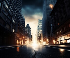 Dramatic Urban Sunrise in City Downtown with Skyscrapers and Glowing Lights