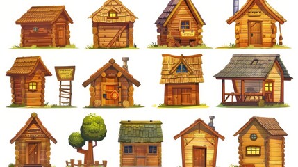 A wooden cabin illustration kit, with doors, a lodge, windows, and a roof. Modern set of wooden cabins. Wood mountain shack icon isolated on white background. Wood cabin building on piles with doors,