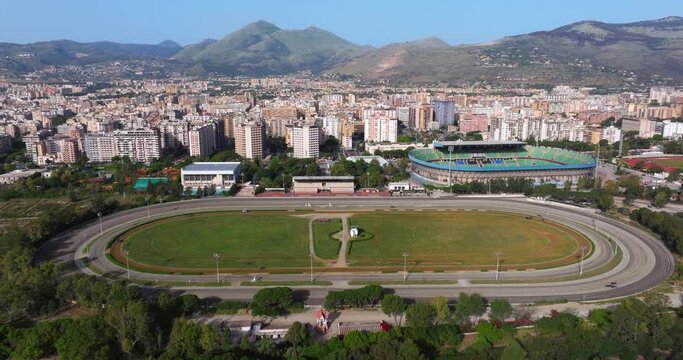 Aerial Pullback Reveals La Favorita Hippodrome in Sicilian Capital City