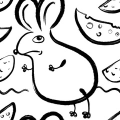 funny cute angry mouse and cheese black and white seamless abstract pattern background fabric fashion design print wrapping paper digital illustration art texture textile wallpaper apparel image 