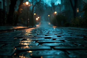 Gaslight illuminating rain-slicked cobblestones on a deserted street. - Powered by Adobe
