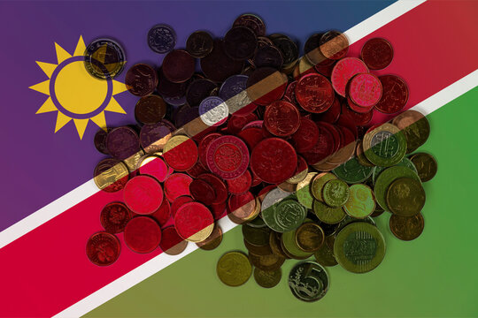 Namibia economic situation, economy and finance concept, financial values with coins, Namibia flag 