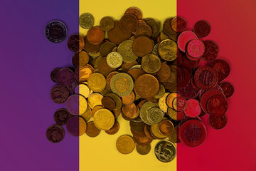 Romania economic situation, banking and money, financial values with coins, Romania flag with 