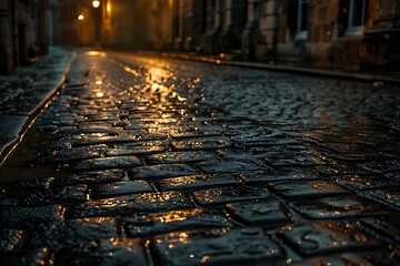 Gaslight illuminating rain-slicked cobblestones on a deserted street.