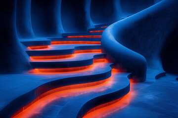 AI generated illustration of abstract stairs in vibrant indigo blue with contrasting orange