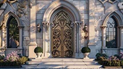 A luxury home entrance with a Gothic-style door and wrought iron details