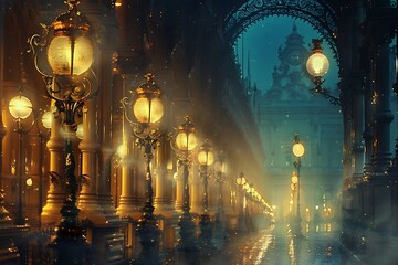 Grand boulevard illuminated by a colonnade of ornate lampposts. - Powered by Adobe