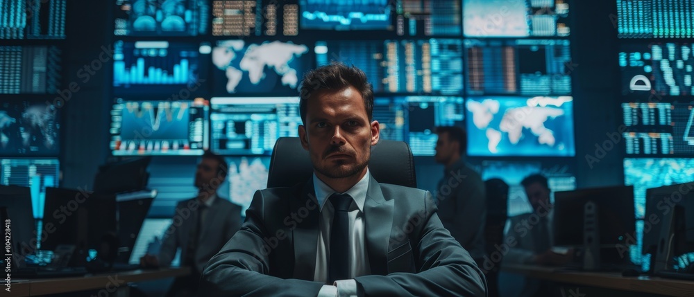 Poster professional technical controller sitting at his desk with multiple displays before him. his colleag