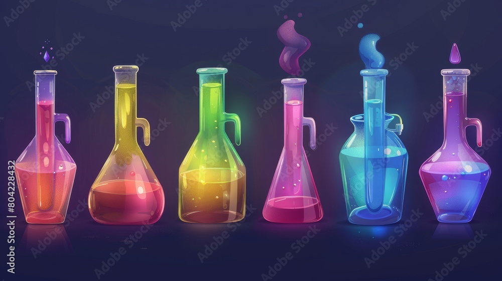 Poster an illustration set of empty and filled with colored liquid laboratory flasks with realistic modern 