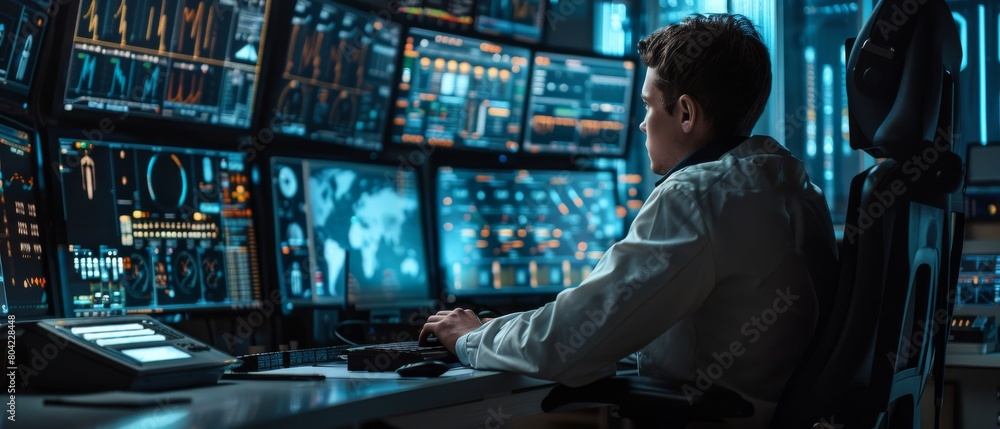Poster photograph of a technical controller working at his desk with multiple displays before him. his team
