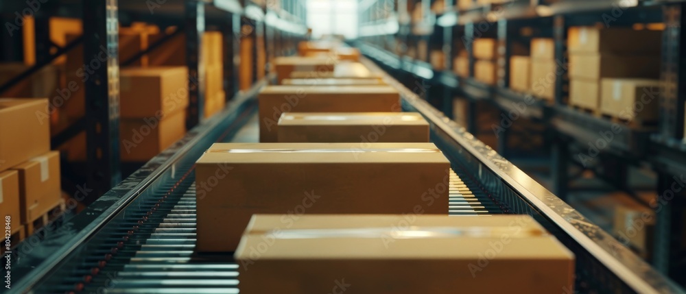 Poster an image of a belt conveyor at a post sorting office. box pov.