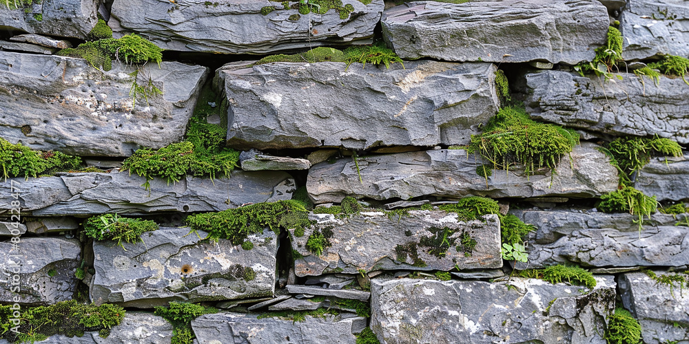 Poster weathered stone walls with moss growing between the cracks, adding rustic charm and texture to archi