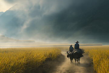 AI generated illustration of two individuals guiding oxen along a path in a golden grass field