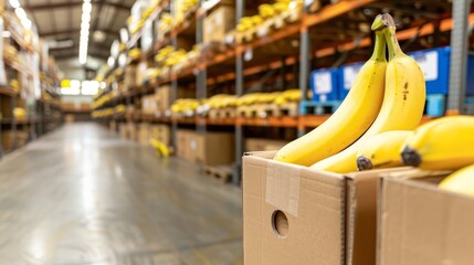 Ripe organic bananas in wooden crates at warehouse with blurred background and copy space - Powered by Adobe
